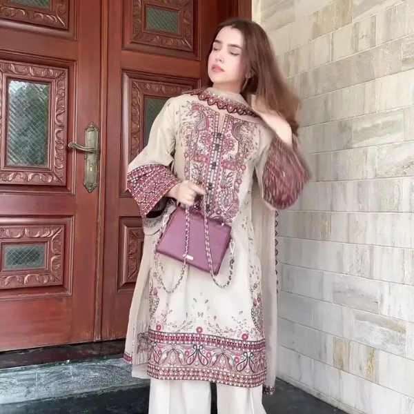 Cream Beige Embroidered Lawn